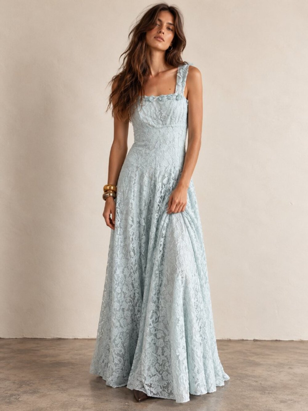 Vintage 40s / 50s Pale Blue Lace Maxi Dress - Small